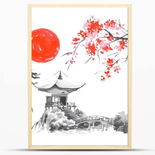 Japan traditional sumi-e painting. Fuji mountain, sakura, sunset. Japan sun. Indian ink illustration. Japanese picture.