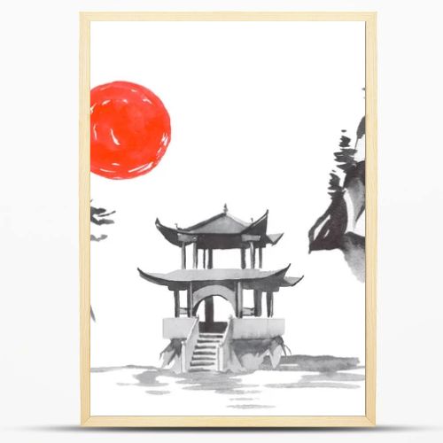 Japan traditional sumi-e painting. Fuji mountain, sakura, sunset. Japan sun. Indian ink illustration. Japanese picture.