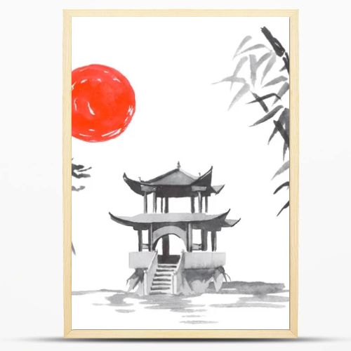 Japan traditional sumi-e painting. Fuji mountain, sakura, sunset. Japan sun. Indian ink illustration. Japanese picture.