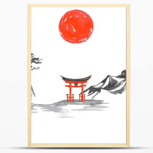 Japan traditional sumi-e painting. Fuji mountain, sakura, sunset. Japan sun. Indian ink illustration. Japanese picture.