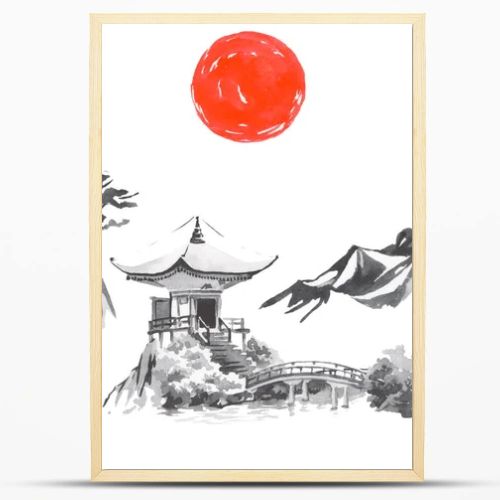 Japan traditional sumi-e painting. Fuji mountain, sakura, sunset. Japan sun. Indian ink illustration. Japanese picture.