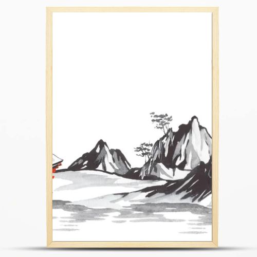 Japan traditional sumi-e painting. Fuji mountain, sakura, sunset. Japan sun. Indian ink illustration. Japanese picture.