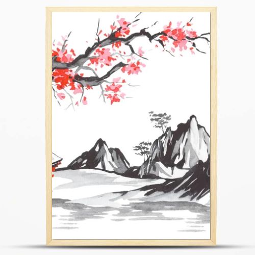 Japan traditional sumi-e painting. Fuji mountain, sakura, sunset. Japan sun. Indian ink illustration. Japanese picture.