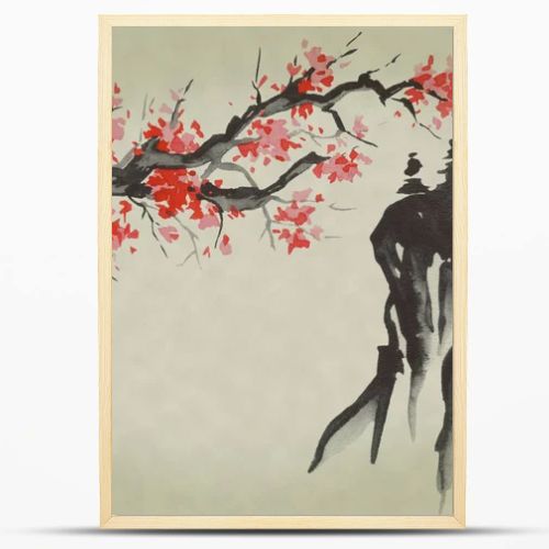 Japan traditional sumi-e painting. Watercolor and ink illustration in style sumi-e, u-sin. Fuji mountain, sakura, sunset. Japan sun. Indian ink illustration. Japanese picture.