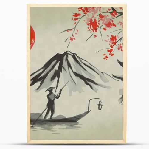 Japan traditional sumi-e painting. Watercolor and ink illustration in style sumi-e, u-sin. Fuji mountain, sakura, sunset. Japan sun. Indian ink illustration. Japanese picture.