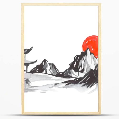 Japan traditional sumi-e painting. Fuji mountain, sakura, sunset. Japan sun. Indian ink illustration. Japanese picture.