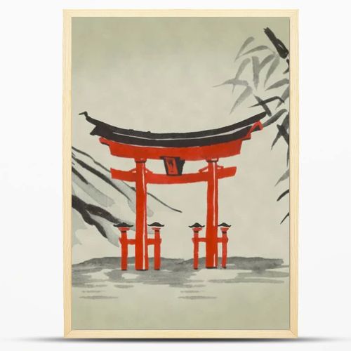 Japan traditional sumi-e painting. Watercolor and ink illustration in style sumi-e, u-sin. Fuji mountain, sakura, sunset. Japan sun. Indian ink illustration. Japanese picture.