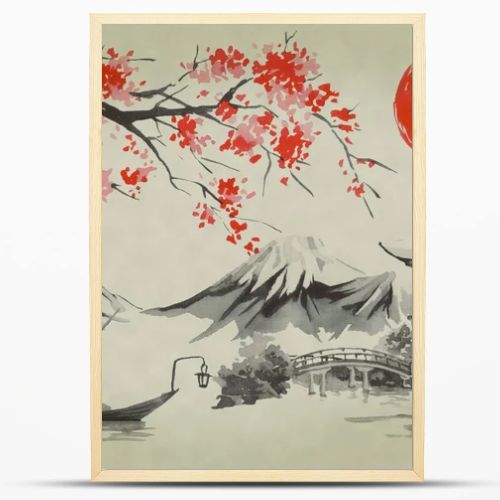 Japan traditional sumi-e painting. Watercolor and ink illustration in style sumi-e, u-sin. Fuji mountain, sakura, sunset. Japan sun. Indian ink illustration. Japanese picture.