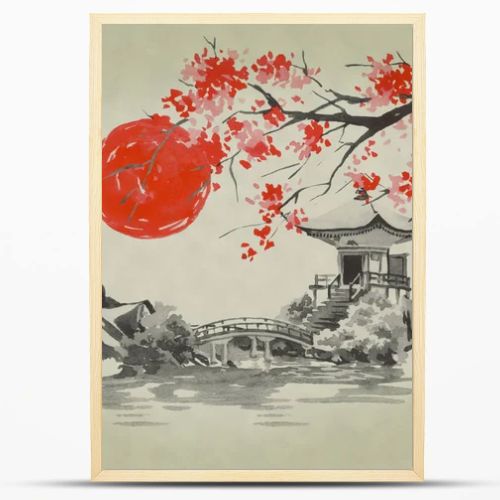 Japan traditional sumi-e painting. Watercolor and ink illustration in style sumi-e, u-sin. Fuji mountain, sakura, sunset. Japan sun. Indian ink illustration. Japanese picture.