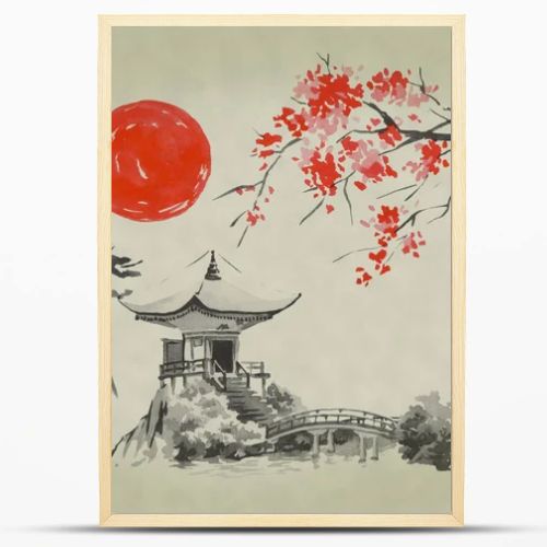 Japan traditional sumi-e painting. Watercolor and ink illustration in style sumi-e, u-sin. Fuji mountain, sakura, sunset. Japan sun. Indian ink illustration. Japanese picture.