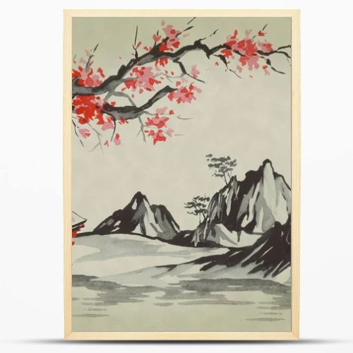 Japan traditional sumi-e painting. Watercolor and ink illustration in style sumi-e, u-sin. Fuji mountain, sakura, sunset. Japan sun. Indian ink illustration. Japanese picture.