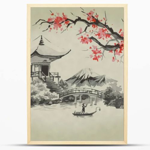 Japan traditional sumi-e painting. Watercolor and ink illustration in style sumi-e, u-sin. Fuji mountain, sakura, sunset. Japan sun. Indian ink illustration. Japanese picture.