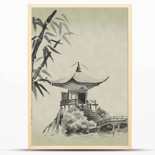 Japan traditional sumi-e painting. Watercolor and ink illustration in style sumi-e, u-sin. Fuji mountain, sakura, sunset. Japan sun. Indian ink illustration. Japanese picture.