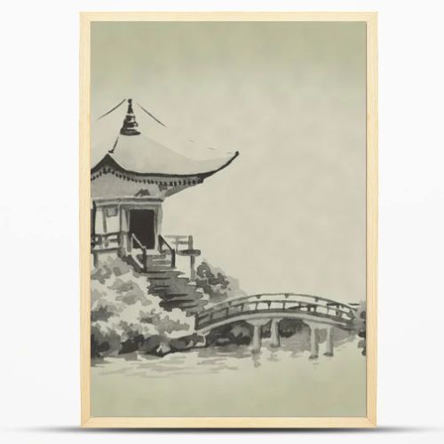 Japan traditional sumi-e painting. Watercolor and ink illustration in style sumi-e, u-sin. Fuji mountain, sakura, sunset. Japan sun. Indian ink illustration. Japanese picture.
