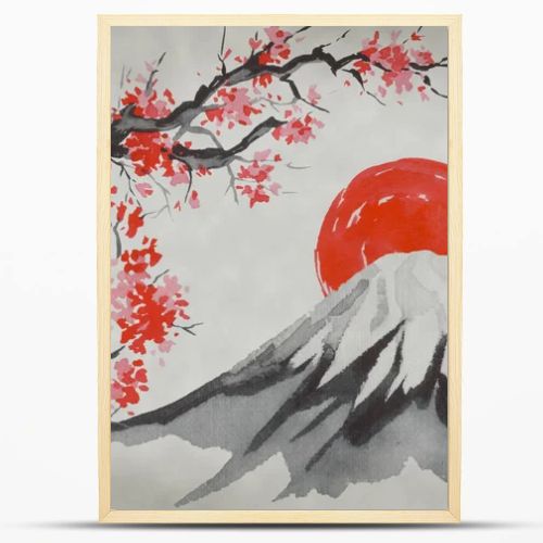 Japan traditional sumi-e painting. Watercolor and ink illustration in style sumi-e, u-sin. Fuji mountain, sakura, sunset. Japan sun. Indian ink illustration. Japanese picture