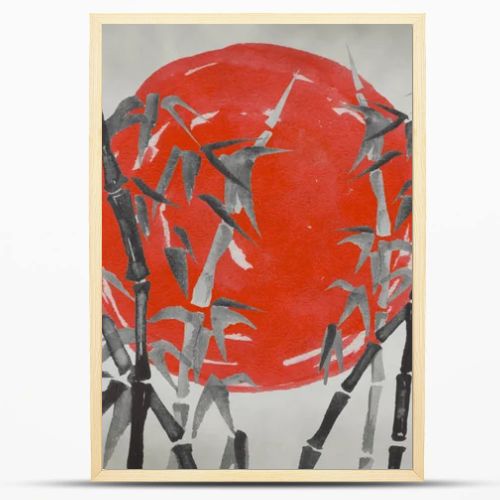 Japan traditional sumi-e painting. Watercolor and ink illustration in style sumi-e, u-sin. Fuji mountain, sakura, sunset. Japan sun. Indian ink illustration. Japanese picture.