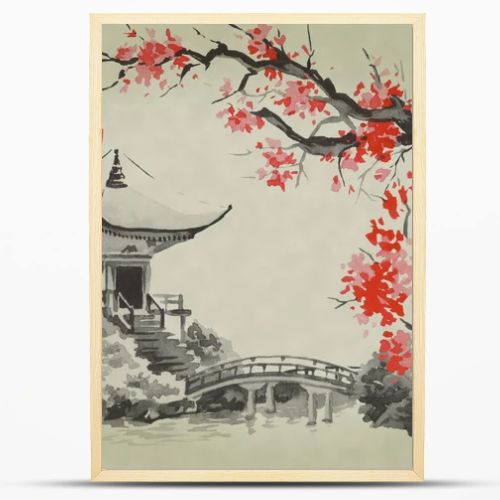 Japan traditional sumi-e painting. Watercolor and ink illustration in style sumi-e, u-sin. Fuji mountain, sakura, sunset. Japan sun. Indian ink illustration. Japanese picture.