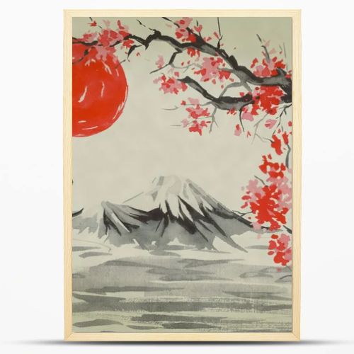 Japan traditional sumi-e painting. Watercolor and ink illustration in style sumi-e, u-sin. Fuji mountain, sakura, sunset. Japan sun. Indian ink illustration. Japanese picture.