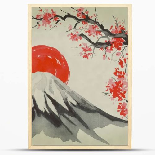 Japan traditional sumi-e painting. Watercolor and ink illustration in style sumi-e, u-sin. Fuji mountain, sakura, sunset. Japan sun. Indian ink illustration. Japanese picture.