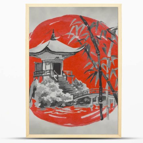Japan traditional sumi-e painting. Fuji mountain, sakura, sunset. Japan sun. Indian ink illustration. Japanese picture.