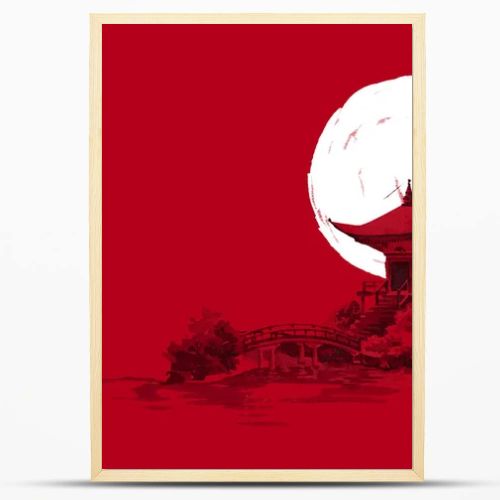 Japan traditional sumi-e painting. Watercolor and ink illustration in style sumi-e, u-sin. Fuji mountain, sakura, sunset. Japan sun. Indian ink illustration. Japanese picture, red background.