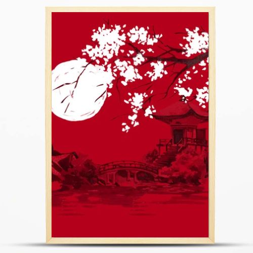 Japan traditional sumi-e painting. Watercolor and ink illustration in style sumi-e, u-sin. Fuji mountain, sakura, sunset. Japan sun. Indian ink illustration. Japanese picture, red background.