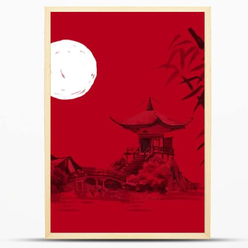 Japan traditional sumi-e painting. Watercolor and ink illustration in style sumi-e, u-sin. Fuji mountain, sakura, sunset. Japan sun. Indian ink illustration. Japanese picture, red background.