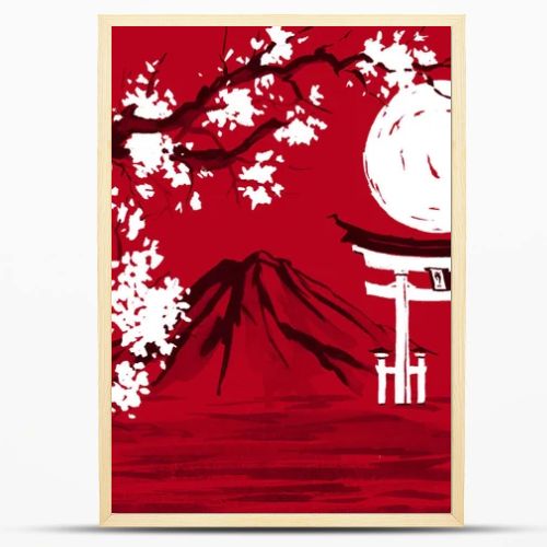 Japan traditional sumi-e painting. Watercolor and ink illustration in style sumi-e, u-sin. Fuji mountain, sakura, sunset. Japan sun. Indian ink illustration. Japanese picture, red background.