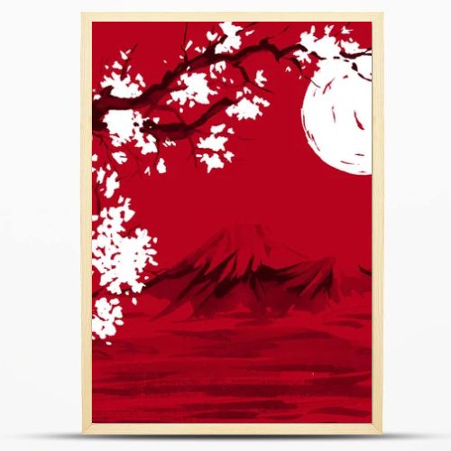 Japan traditional sumi-e painting. Watercolor and ink illustration in style sumi-e, u-sin. Fuji mountain, sakura, sunset. Japan sun. Indian ink illustration. Japanese picture, red background.