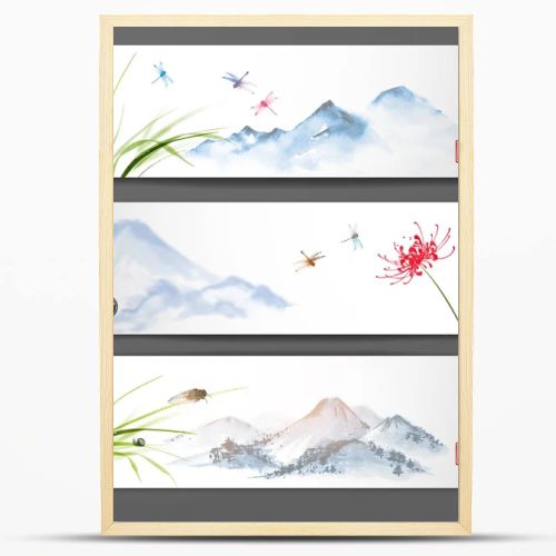 Banners with mountain landscape. Dragonflies and cicada over the flower an grass.  Traditional Japanese ink painting sumi-e, u-sin, go-hua