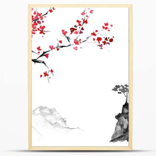 Japan traditional sumi-e painting. Indian ink illustration. Japanese picture. Sakura and mountains