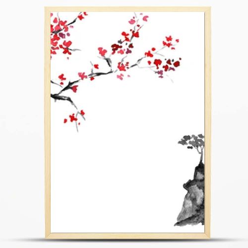 Japan traditional sumi-e painting. Indian ink illustration. Japanese picture. Sakura and mountains