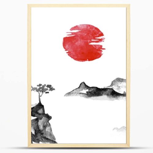 Japan traditional sumi-e painting. Indian ink illustration. Japanese picture. Sun and mountains