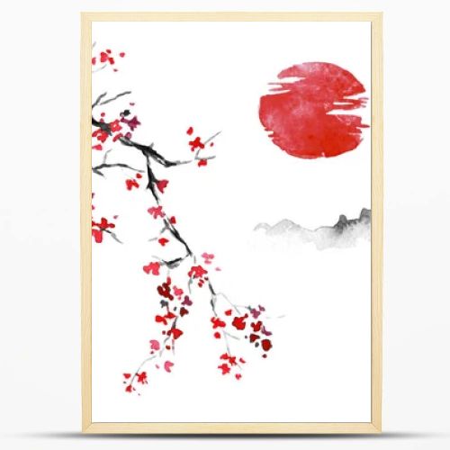 Japan traditional sumi-e painting. Indian ink illustration. Japanese picture. Sakura, sun and mountain