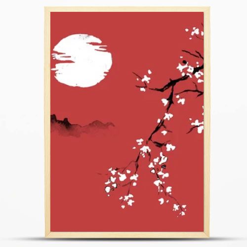 Japan traditional sumi-e painting. Indian ink illustration. Japanese picture. Sakura, sun and mountain