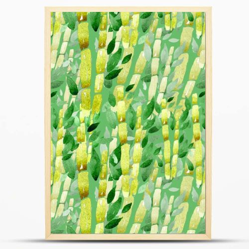 watercolor illustration seamless pattern green forest,bamboo branches with leaves