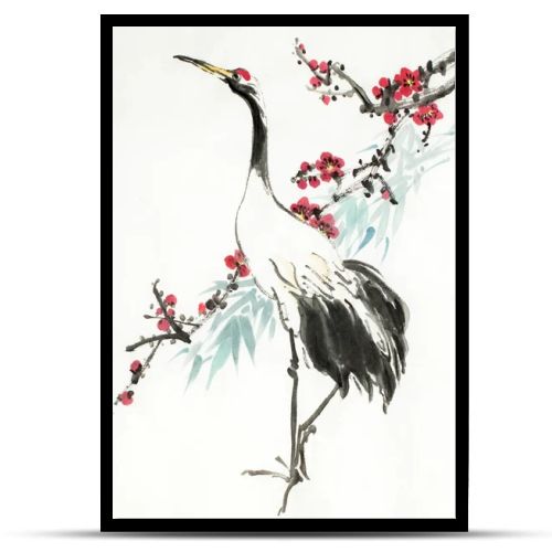 crane and flowering plum branch on a light background