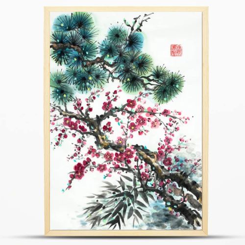 pine branch blossoming plum and bamboo on a light background