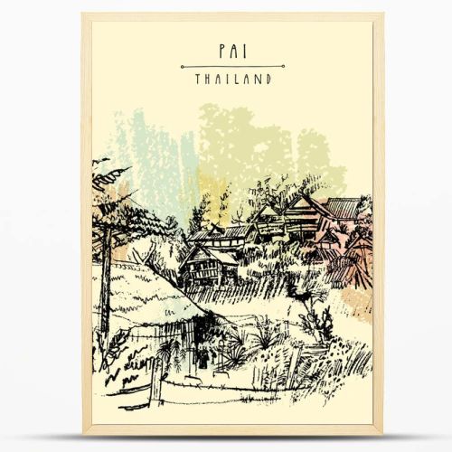Bamboo huts in Pai valley, Northern Thailand. Atmospheric landscape. Hand drawn vintage artistic postcard template. Vector illustartion