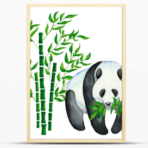 watercolor drawing three trunks of bamboo with green foliage and panda eats leaves