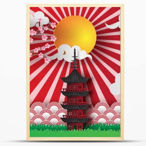Paper art and craft of spring in  Asian temple with sakura tree and sunlight-cloud background,vector
