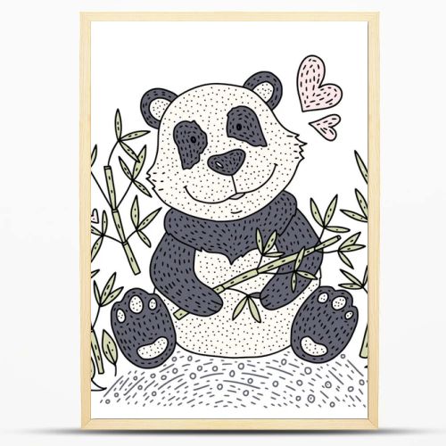 Panda bear Illustration vector with bamboo. Hand drawn cartoon card.