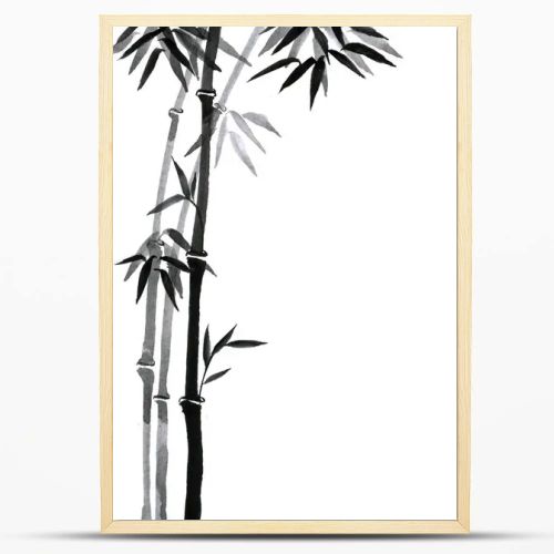 Ink painting with bamboo tree in simple minimalist style on rice paper background. Traditional oriental ink painting sumi-e, u-sin, go-hua. Hieroglyph - clarity.