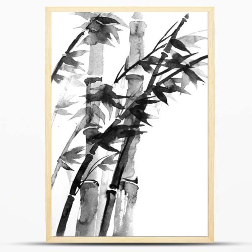 Ink painting with bamboo tree in simple minimalist style on rice paper background. Traditional oriental ink painting sumi-e, u-sin, go-hua. Hieroglyph - clarity.
