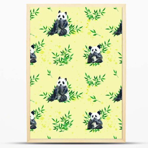 Drawn aquerelle panda print on a yellow background. Textile print. Panda. Bamboo bear. Asia. Japan. China. Lovely watercolor print. Yellow background. Bamboo.