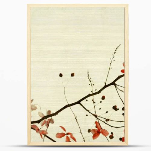 Red Flower And Foliage on Bamboo Textured Background