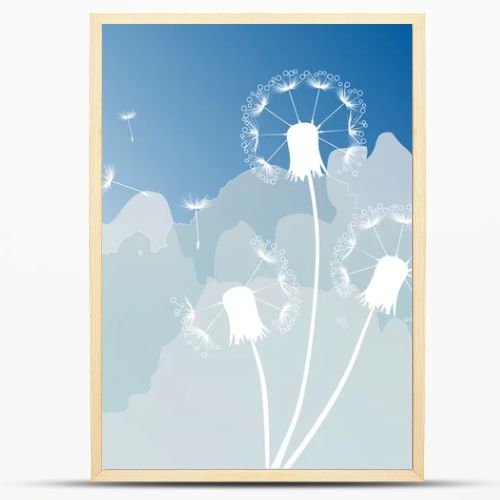 three white dandelions on sky background