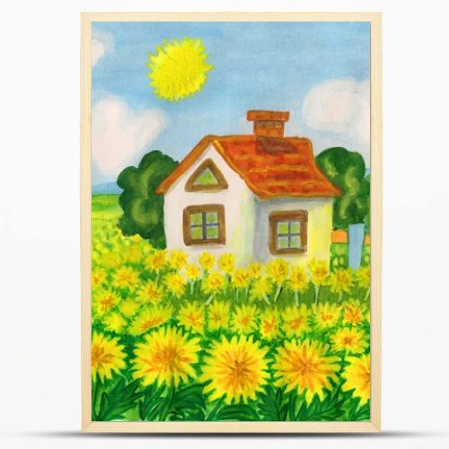 House with yellow dandelions