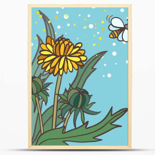Illustration of three dandelions and bee