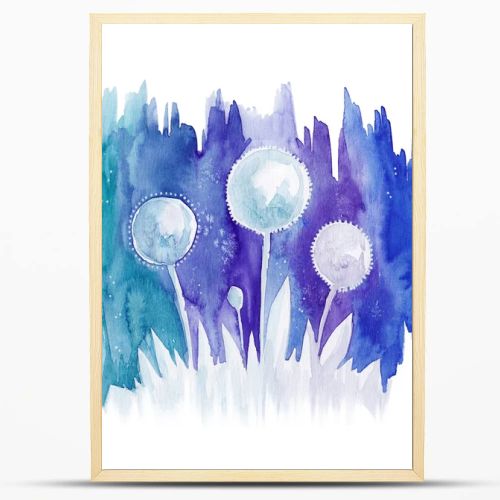 Watercolor blue background with drawing abstract flowers